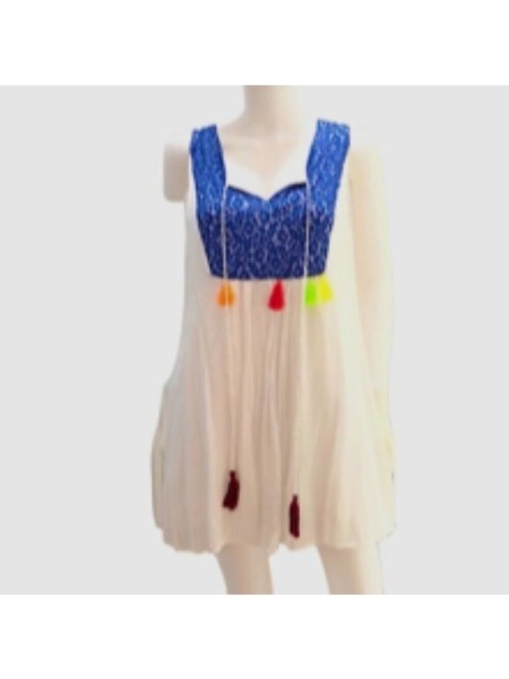 Sleeveless White Dress With Blue Lace Bodice & Multicolor Tassels size S